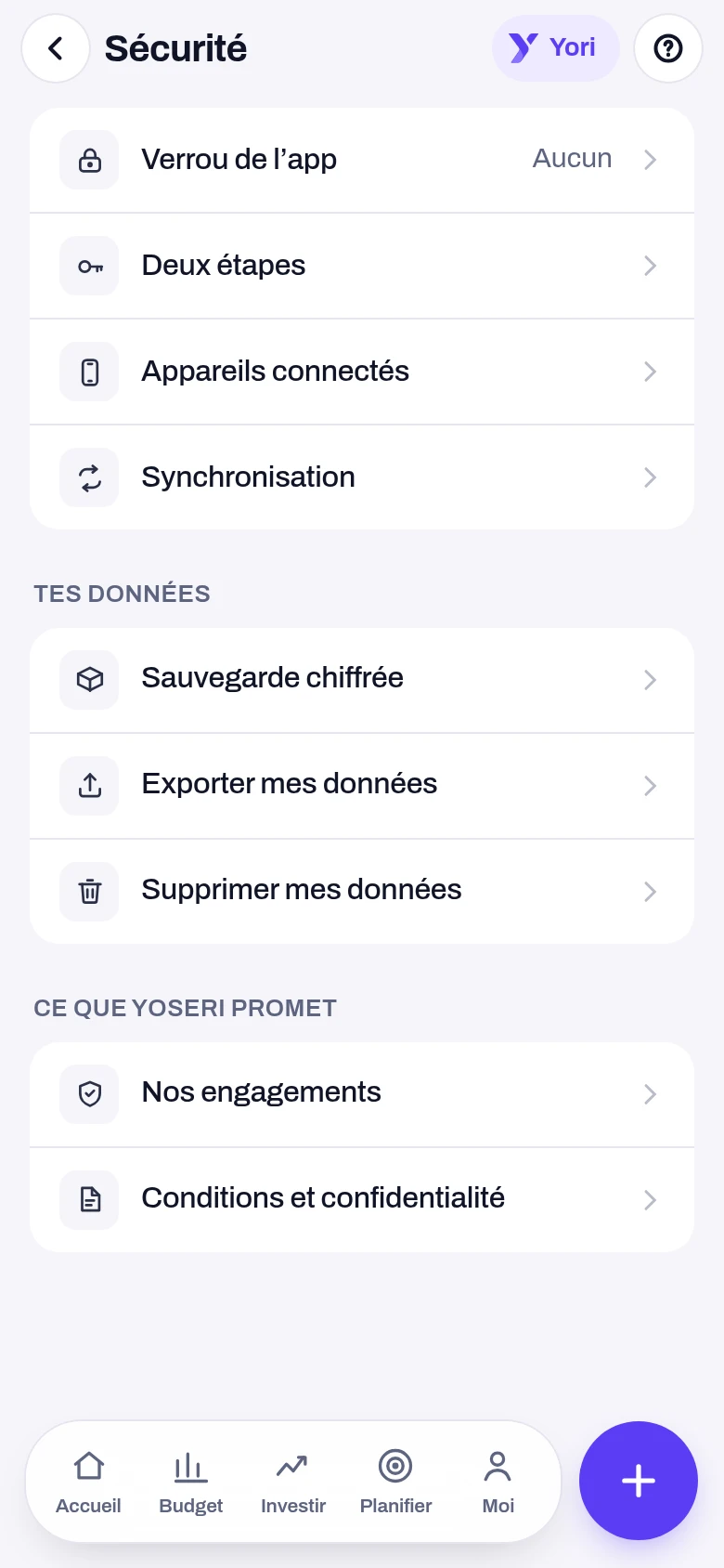 Sécurité — écran de l'application Yoseri