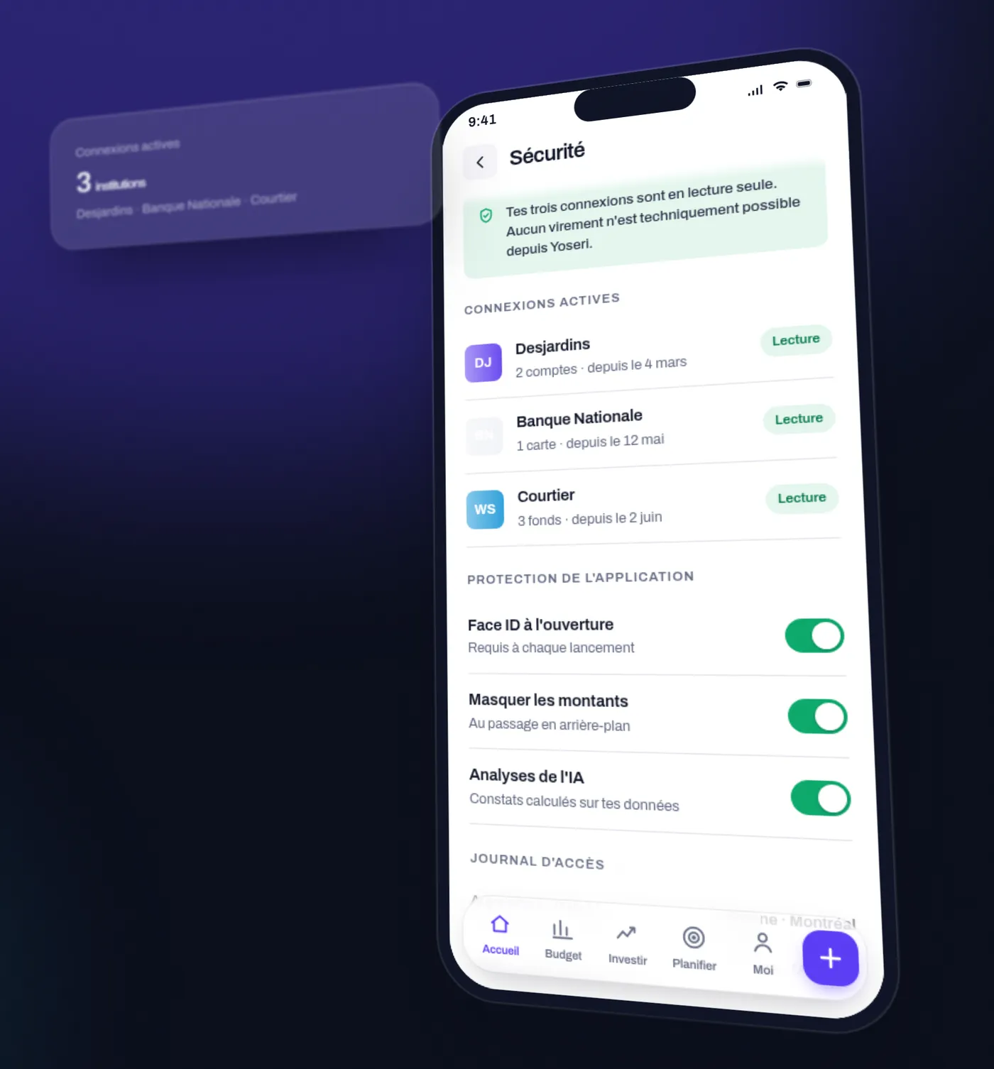 Un téléphone montrant l’écran Sécurité : trois connexions actives — Desjardins, Banque Nationale, courtier — toutes en lecture, et les réglages de protection de l’application.