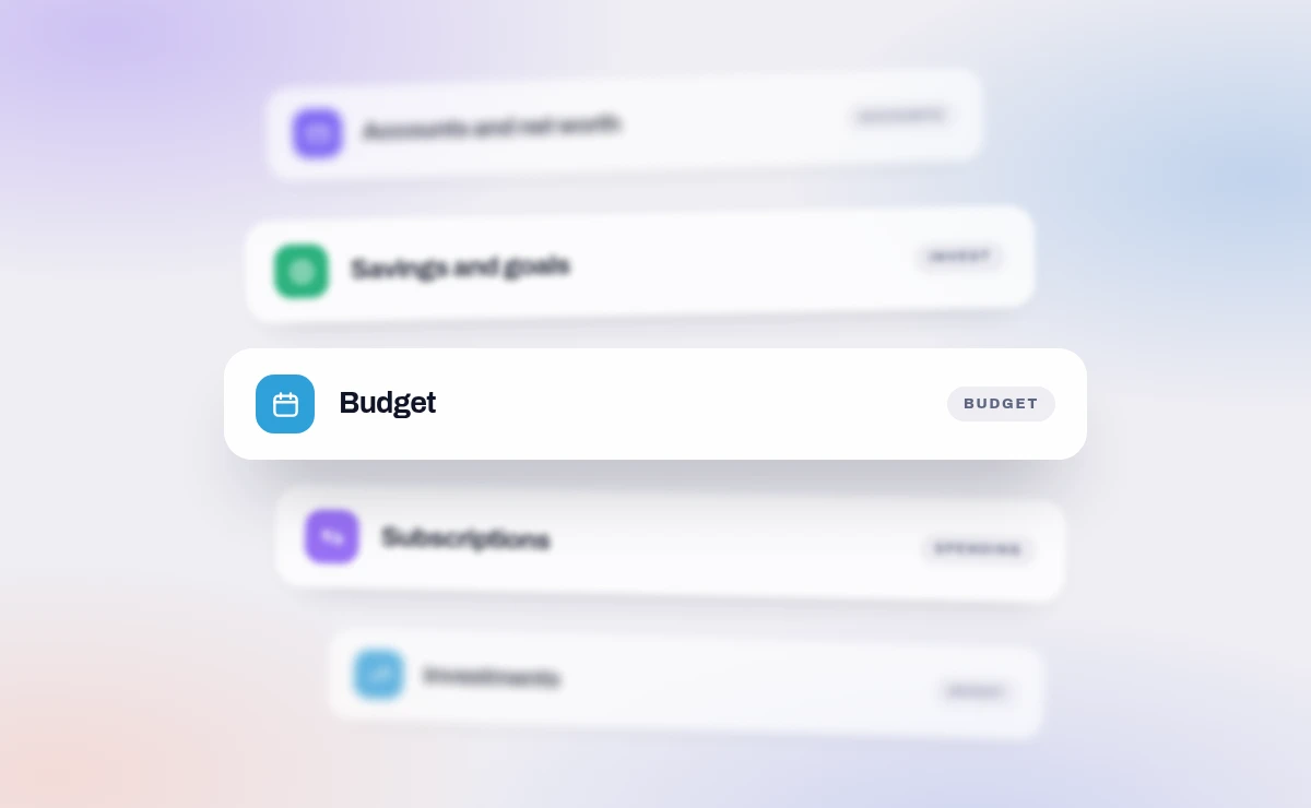 Five plates stacked in depth: accounts and net worth, savings and goals, budget, subscriptions, investments.