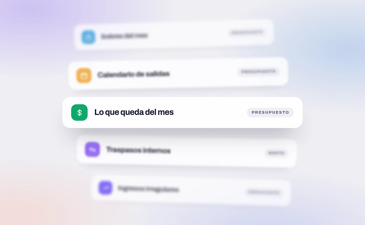 Cinco placas apiladas en profundidad: sobres del mes, calendario de salidas, lo que queda del mes, traspasos internos, ingresos irregulares.