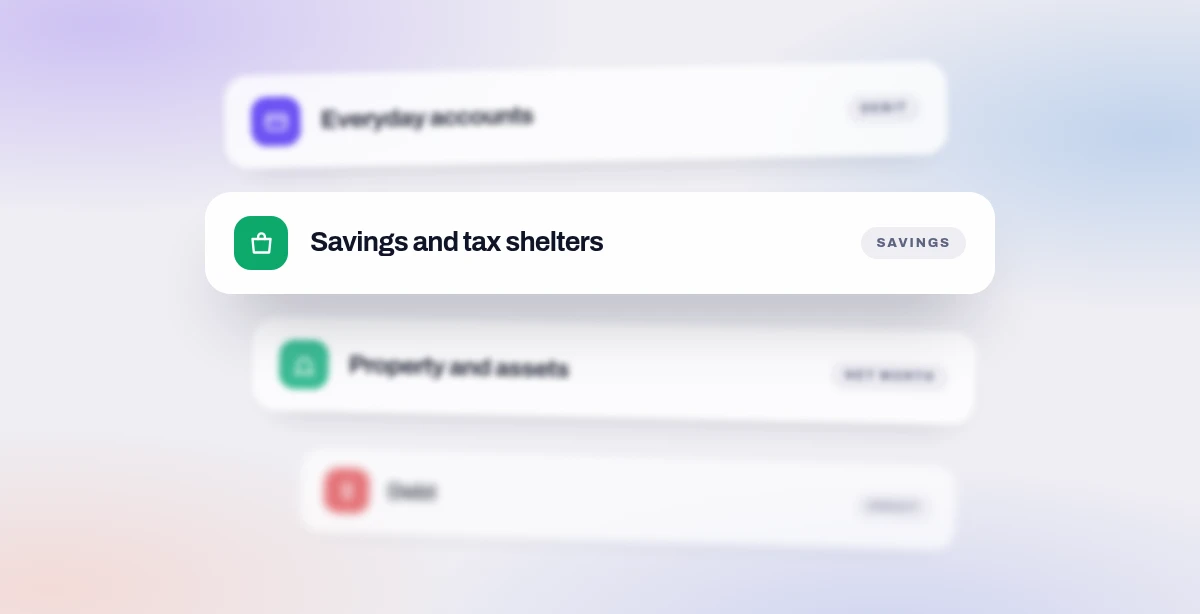 Four plates stacked in depth: everyday accounts, savings and tax shelters, property and assets, debt.