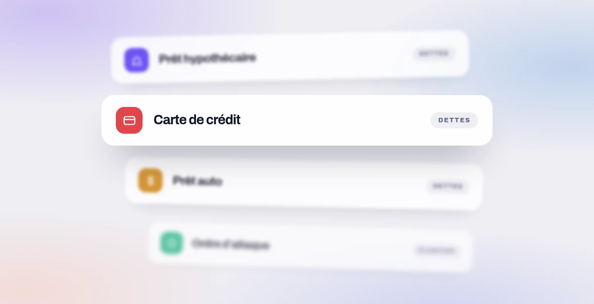 Quatre plaques empilées en profondeur : prêt hypothécaire, carte de crédit, prêt auto, ordre d’attaque.