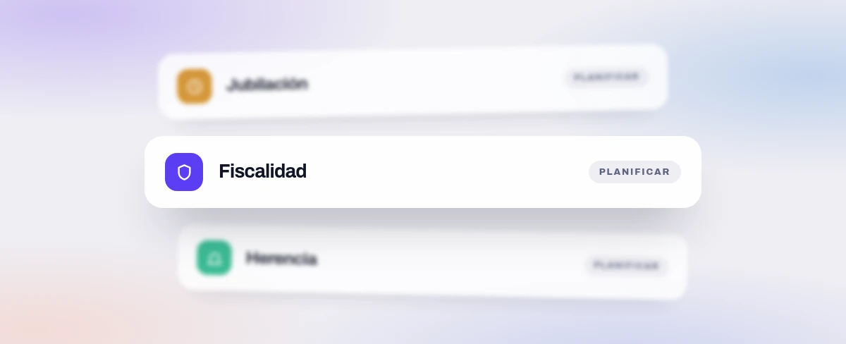 Tres placas apiladas en profundidad: jubilación, fiscalidad, herencia.