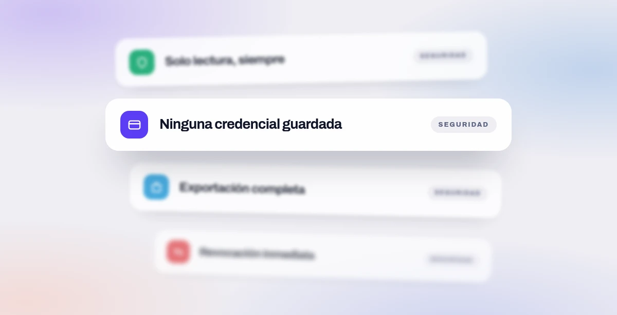 Cuatro placas apiladas en profundidad: solo lectura, ninguna credencial guardada, exportación completa, revocación inmediata.